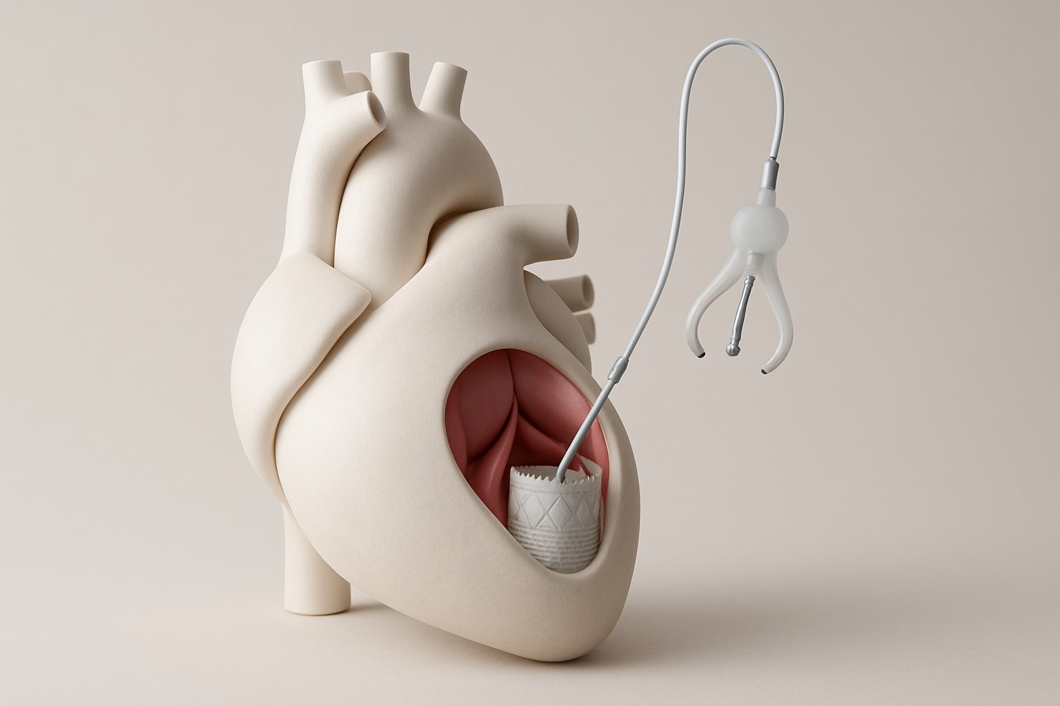 Mitral valve intervention — illustrative scientific rendering